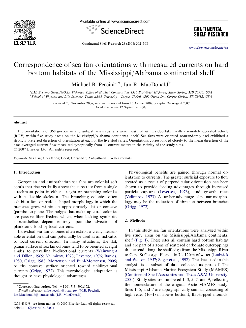 Correspondence of sea fan orientations with measured currents on hard bottom habitats of the Mississippi/Alabama continental shelf