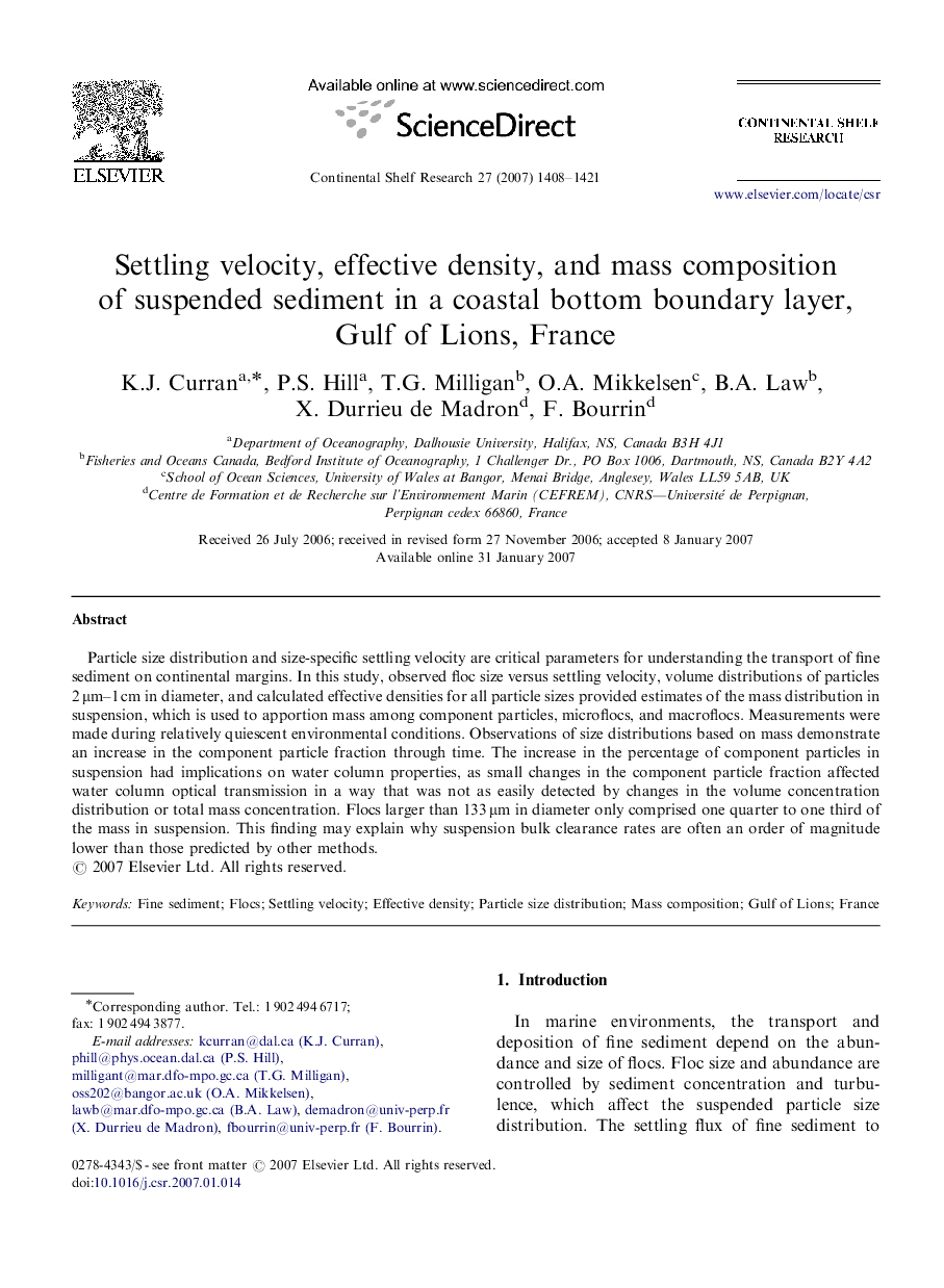 Settling velocity, effective density, and mass composition of suspended sediment in a coastal bottom boundary layer, Gulf of Lions, France