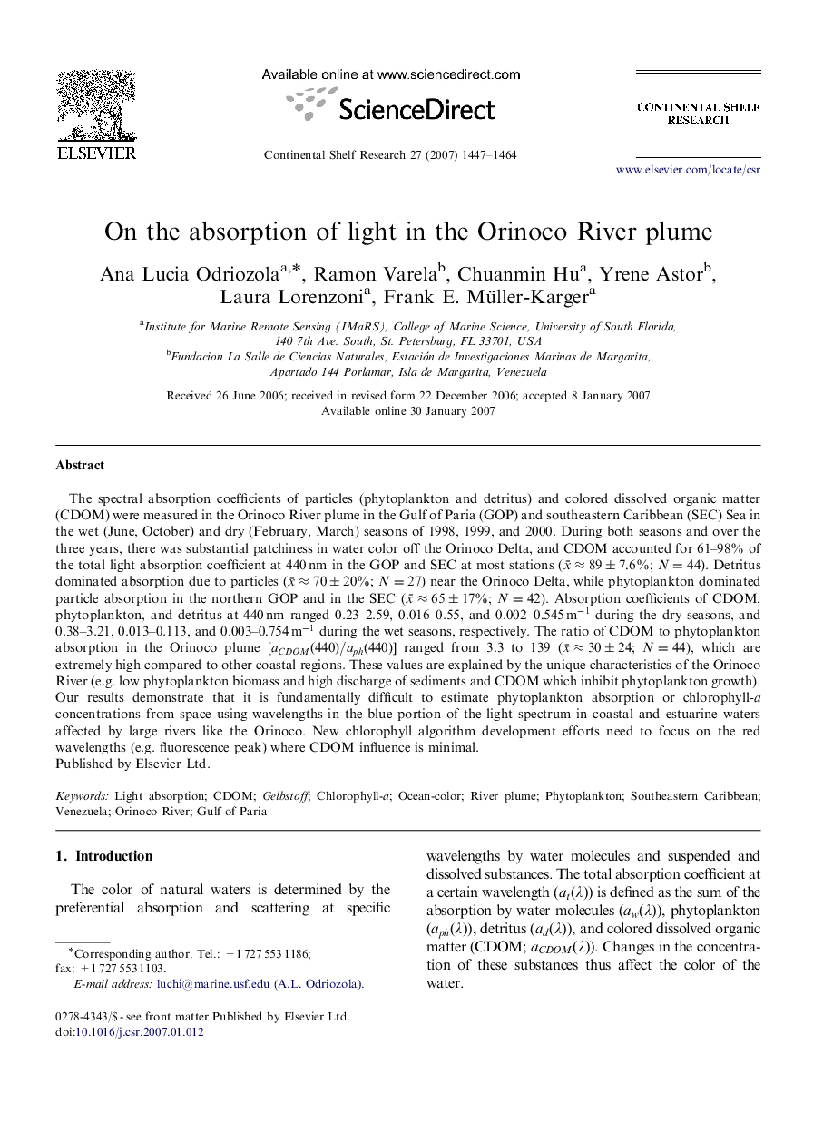 On the absorption of light in the Orinoco River plume