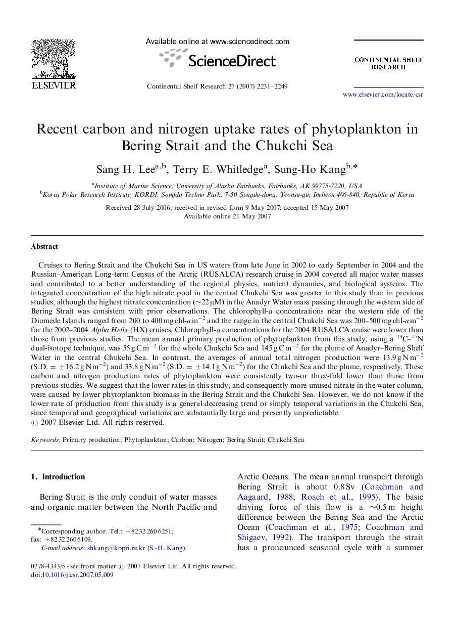 Recent carbon and nitrogen uptake rates of phytoplankton in Bering Strait and the Chukchi Sea