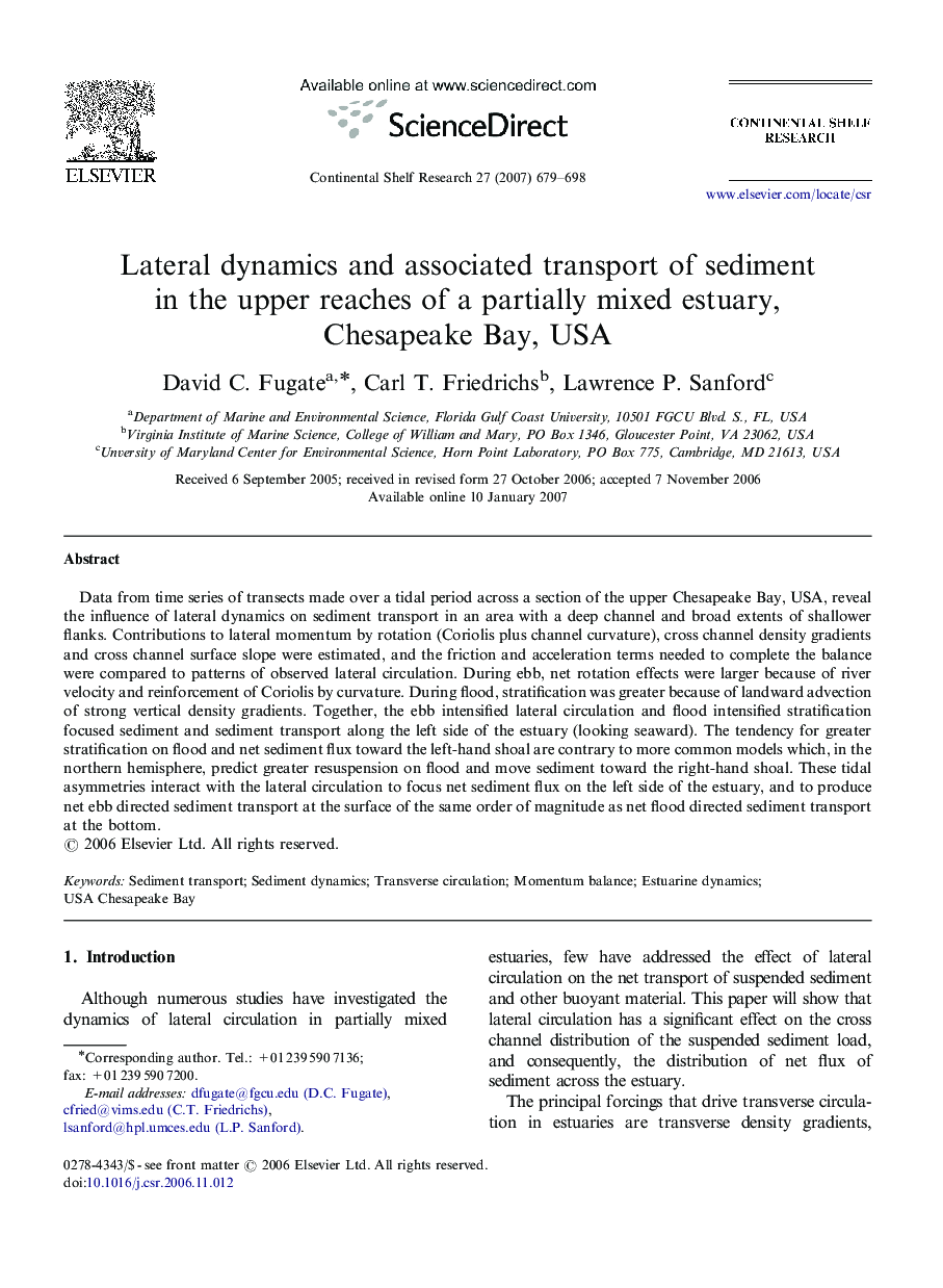 Lateral dynamics and associated transport of sediment in the upper reaches of a partially mixed estuary, Chesapeake Bay, USA