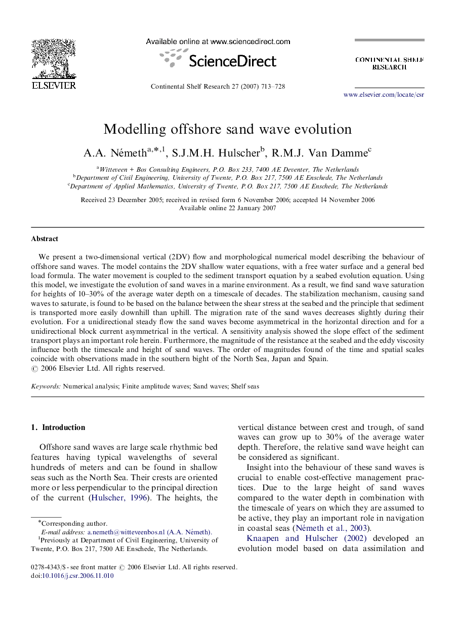 Modelling offshore sand wave evolution