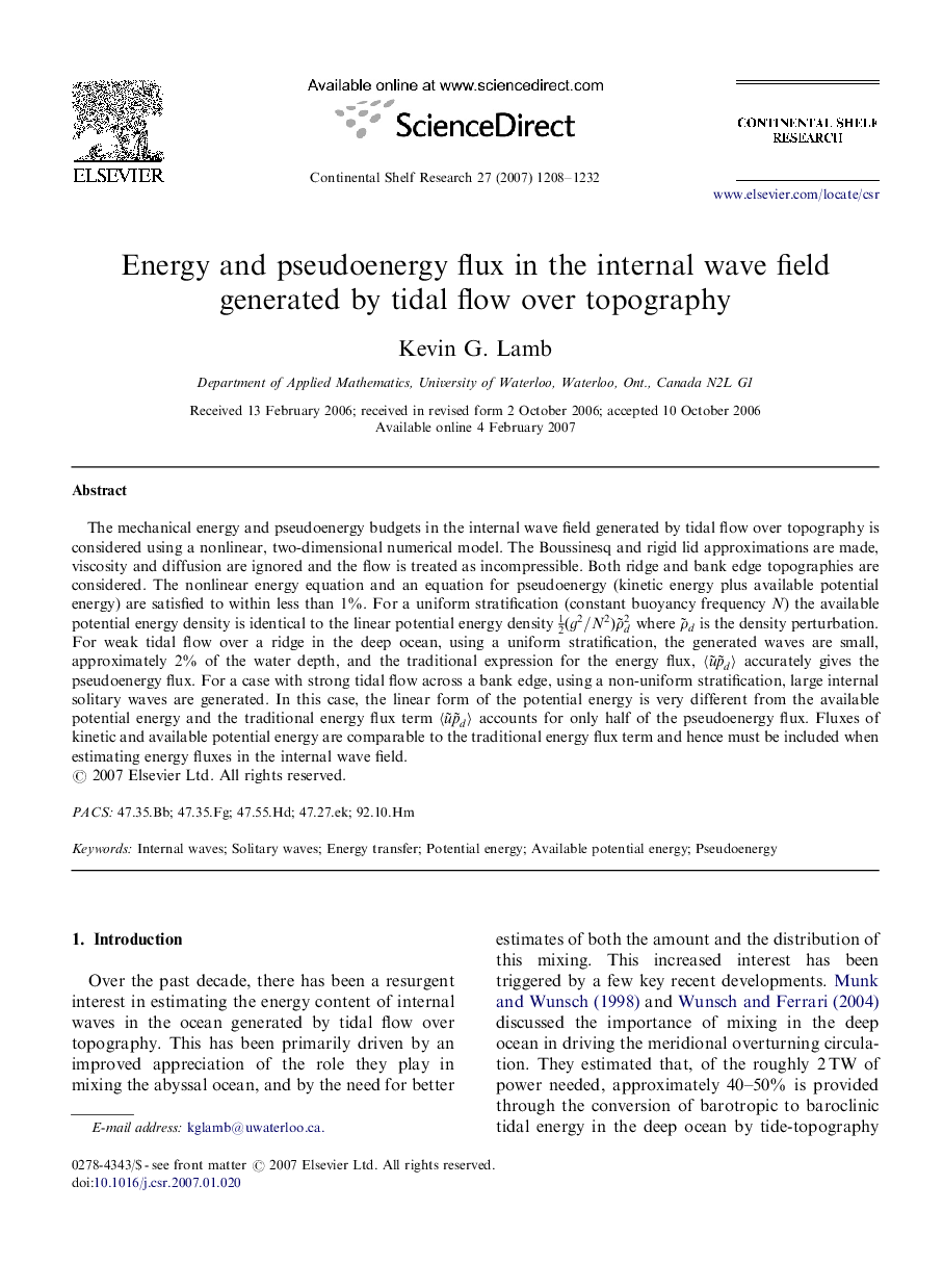 Energy and pseudoenergy flux in the internal wave field generated by tidal flow over topography