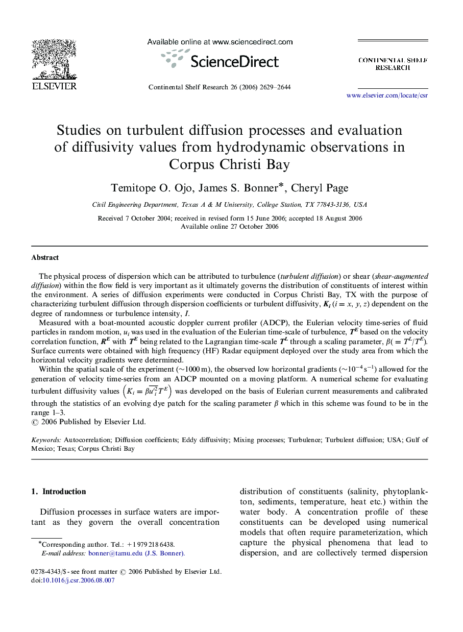 Studies on turbulent diffusion processes and evaluation of diffusivity values from hydrodynamic observations in Corpus Christi Bay