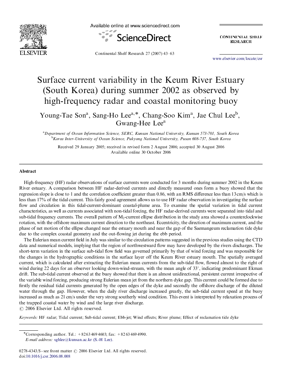 Surface current variability in the Keum River Estuary (South Korea) during summer 2002 as observed by high-frequency radar and coastal monitoring buoy