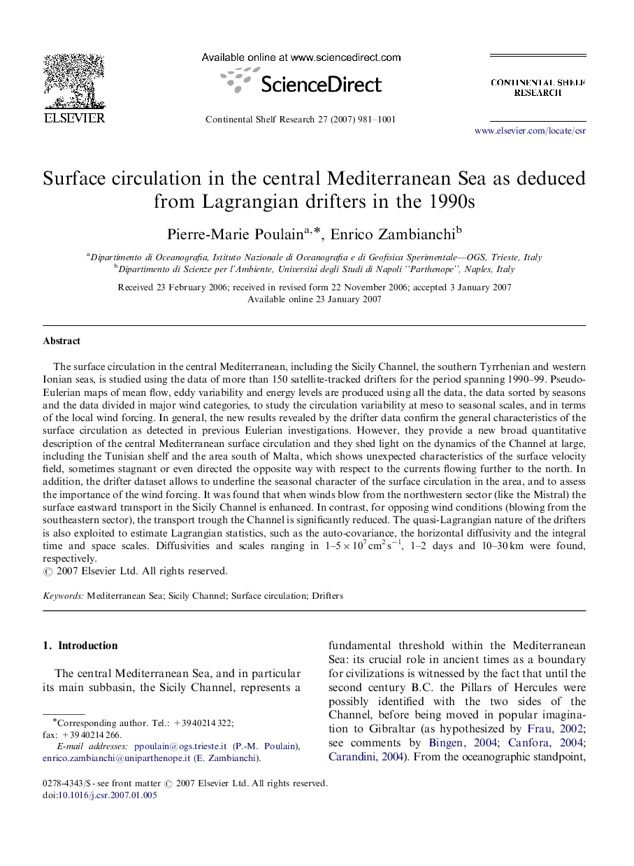 Surface circulation in the central Mediterranean Sea as deduced from Lagrangian drifters in the 1990s