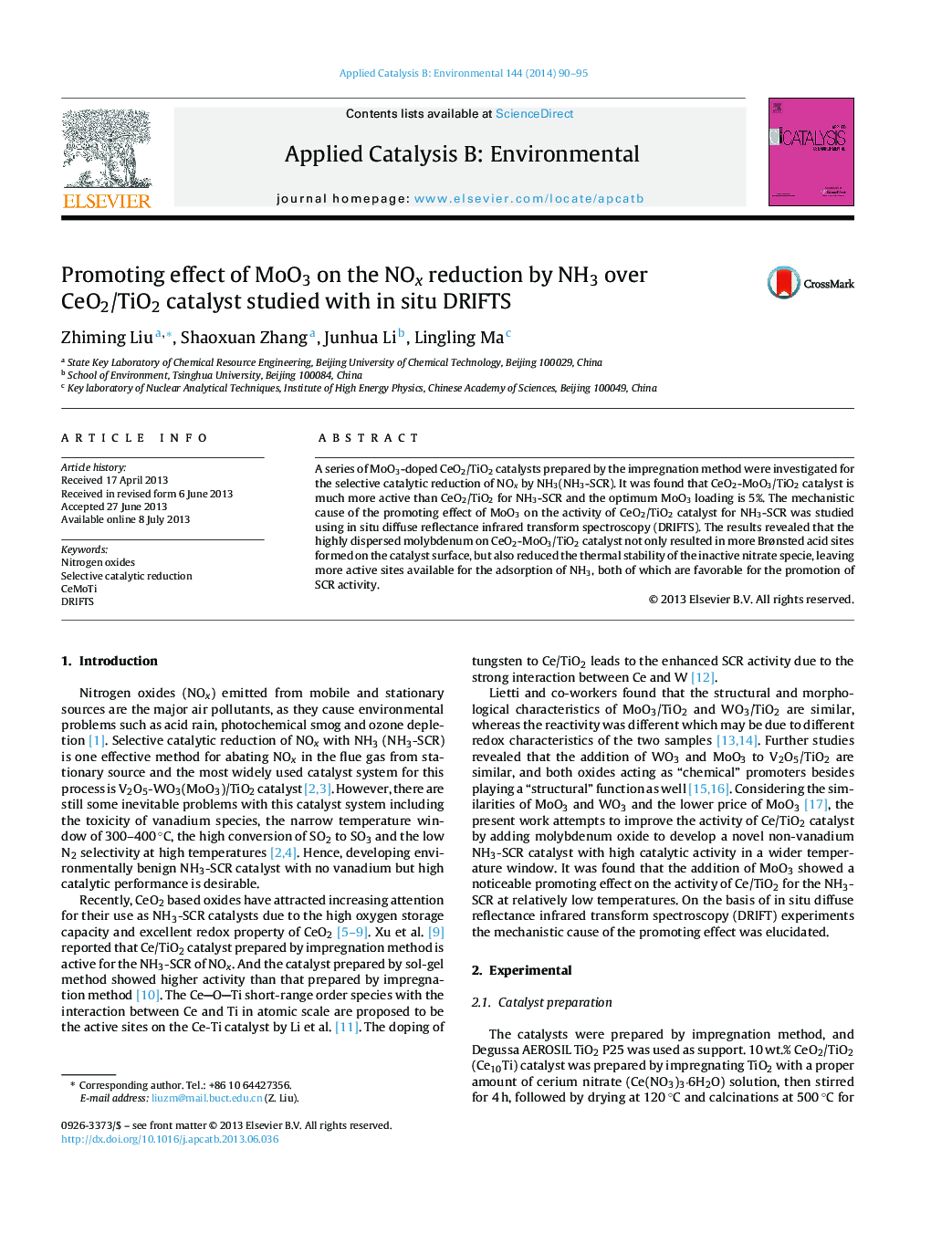 Promoting effect of MoO3 on the NOx reduction by NH3 over CeO2/TiO2 catalyst studied with in situ DRIFTS