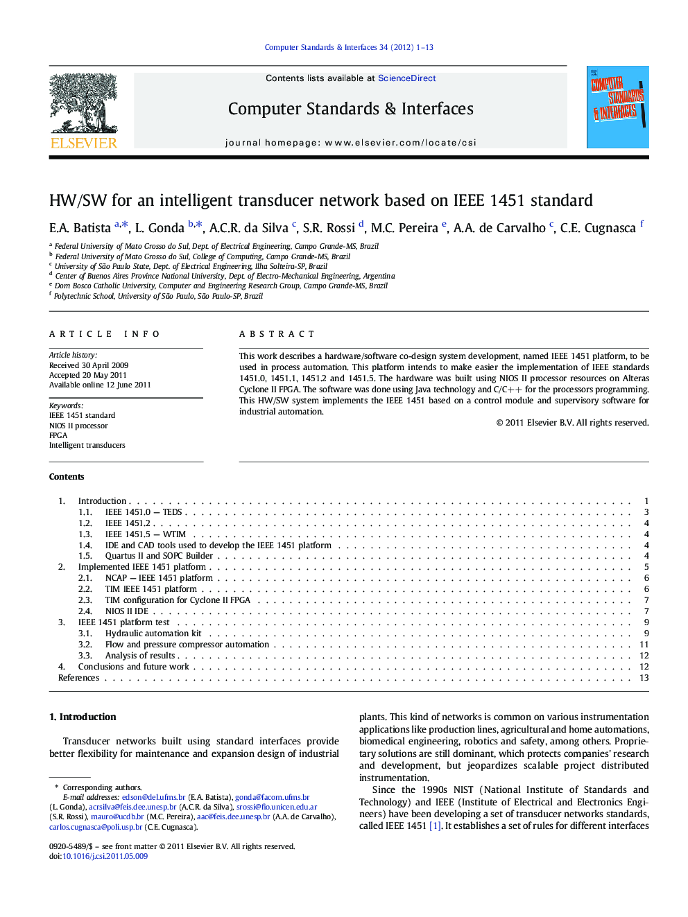 HW/SW for an intelligent transducer network based on IEEE 1451 standard