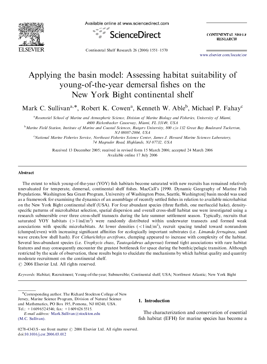 Applying the basin model: Assessing habitat suitability of young-of-the-year demersal fishes on the New York Bight continental shelf