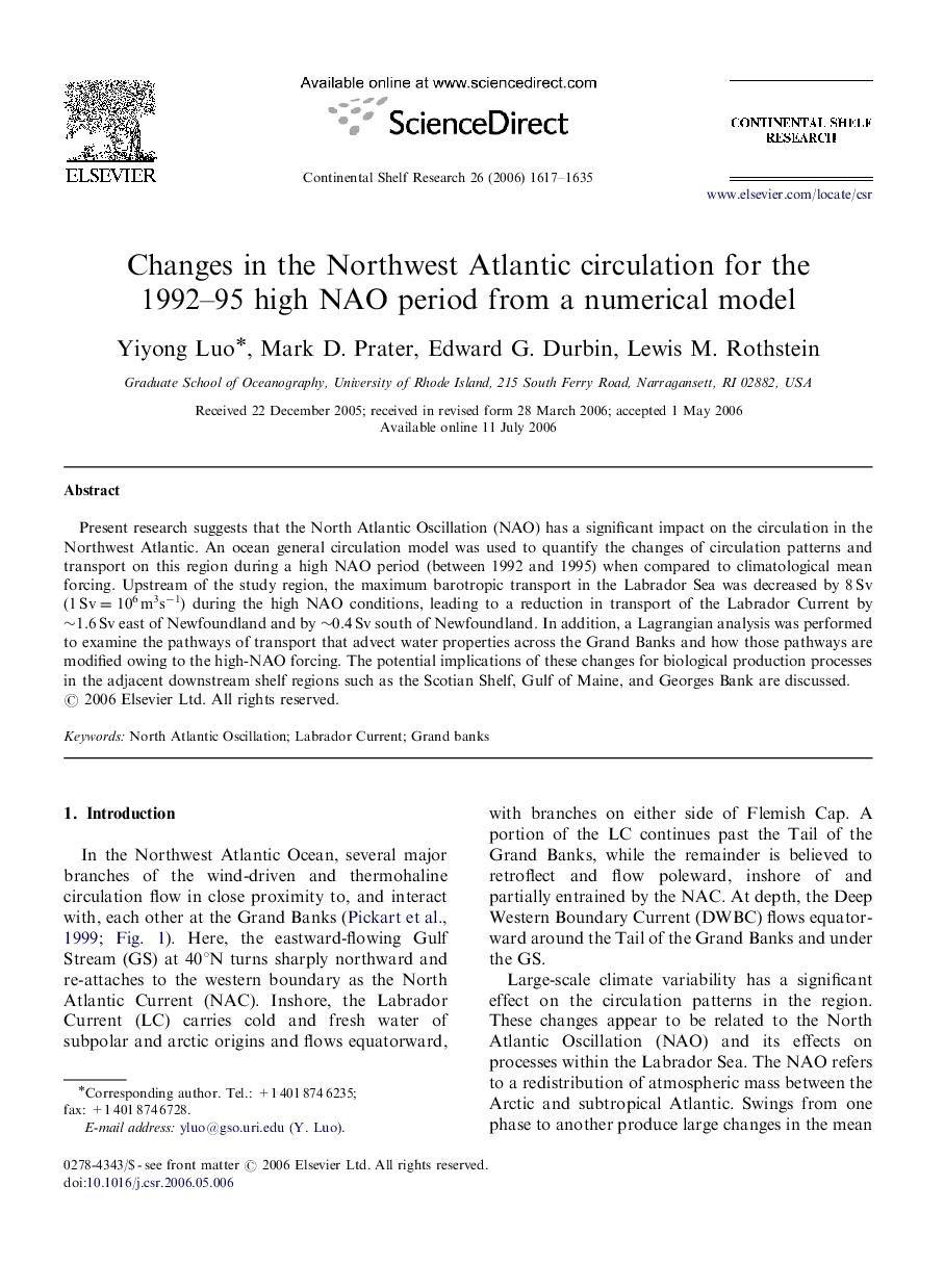 Changes in the Northwest Atlantic circulation for the 1992–95 high NAO period from a numerical model