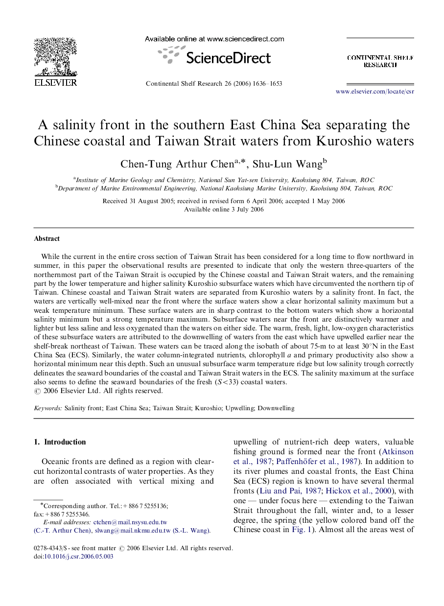 A salinity front in the southern East China Sea separating the Chinese coastal and Taiwan Strait waters from Kuroshio waters