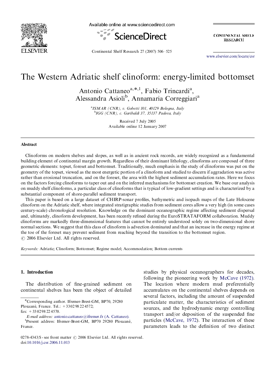 The Western Adriatic shelf clinoform: energy-limited bottomset