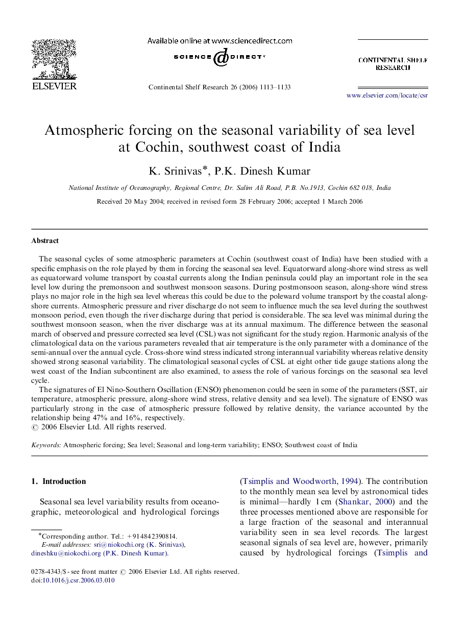 Atmospheric forcing on the seasonal variability of sea level at Cochin, southwest coast of India