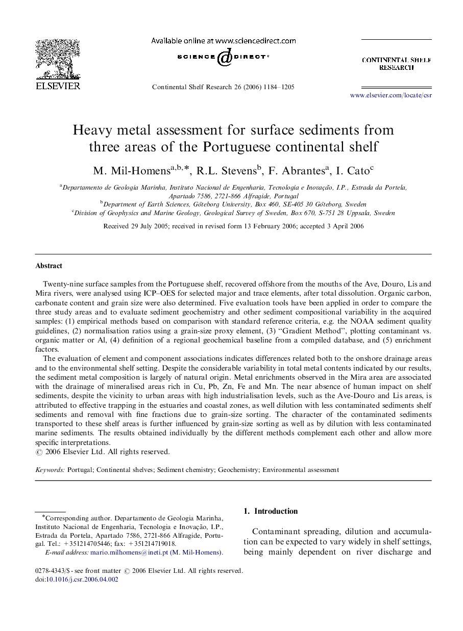 Heavy metal assessment for surface sediments from three areas of the Portuguese continental shelf