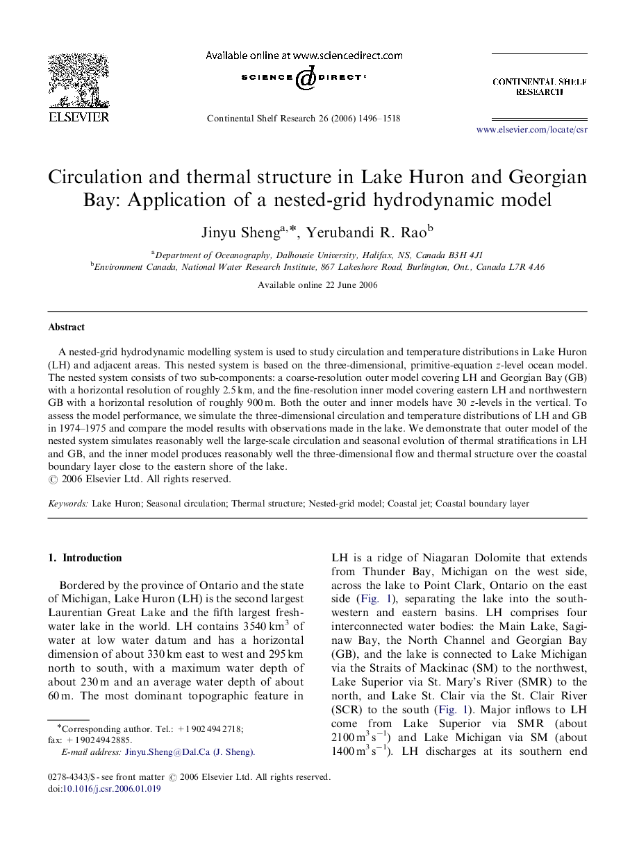 Circulation and thermal structure in Lake Huron and Georgian Bay: Application of a nested-grid hydrodynamic model