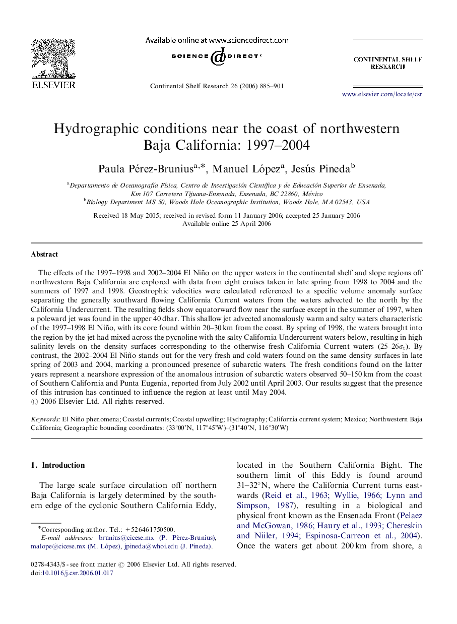 Hydrographic conditions near the coast of northwestern Baja California: 1997-2004