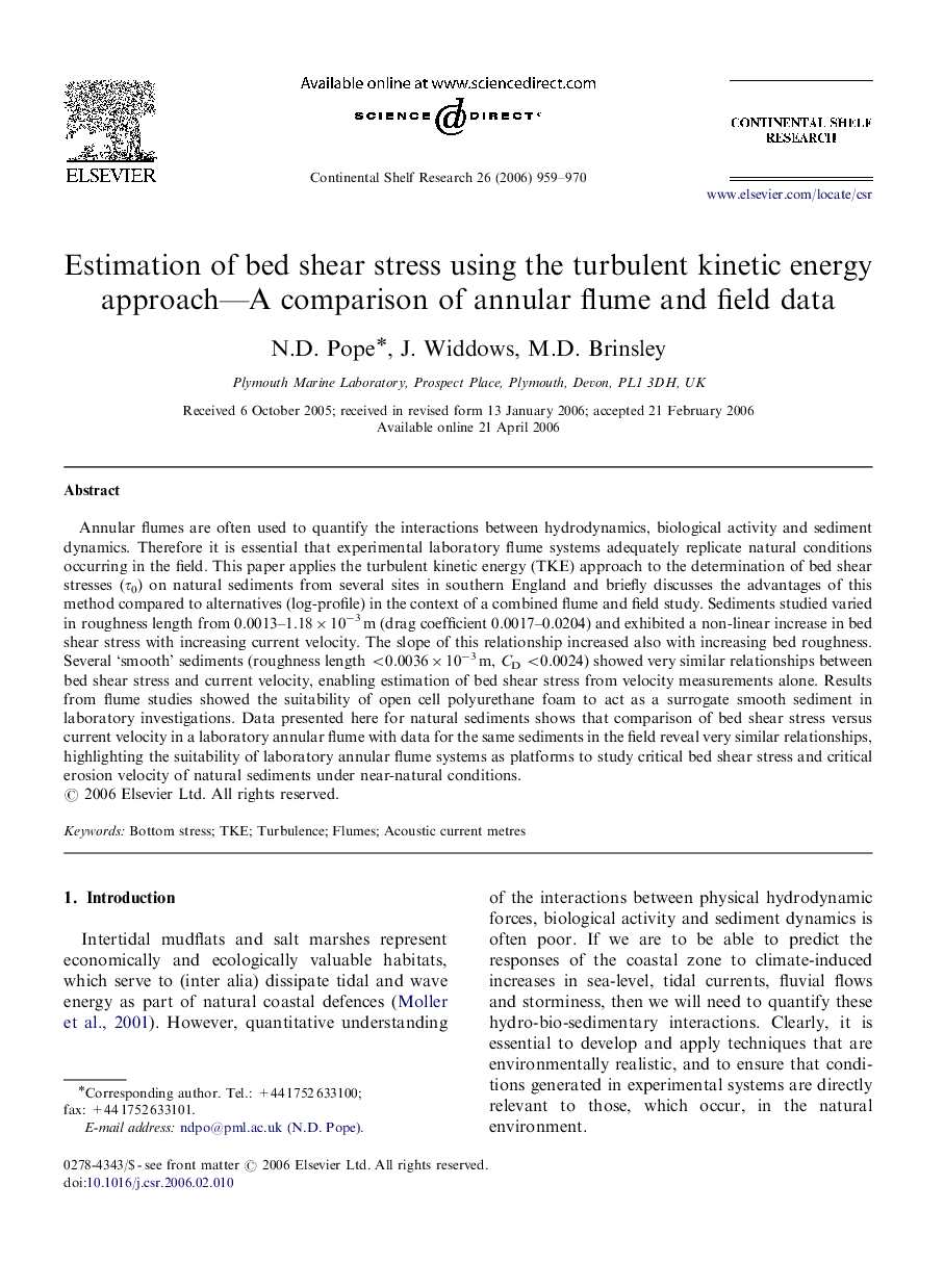 عکس صفحه اول مقاله: Estimation of bed shear stress using the turbulent kinetic energy approach—A comparison of annular flume and field data Estimation of bed shear stress using the turbulent kinetic energy approach—A comparison of annular flume and field data