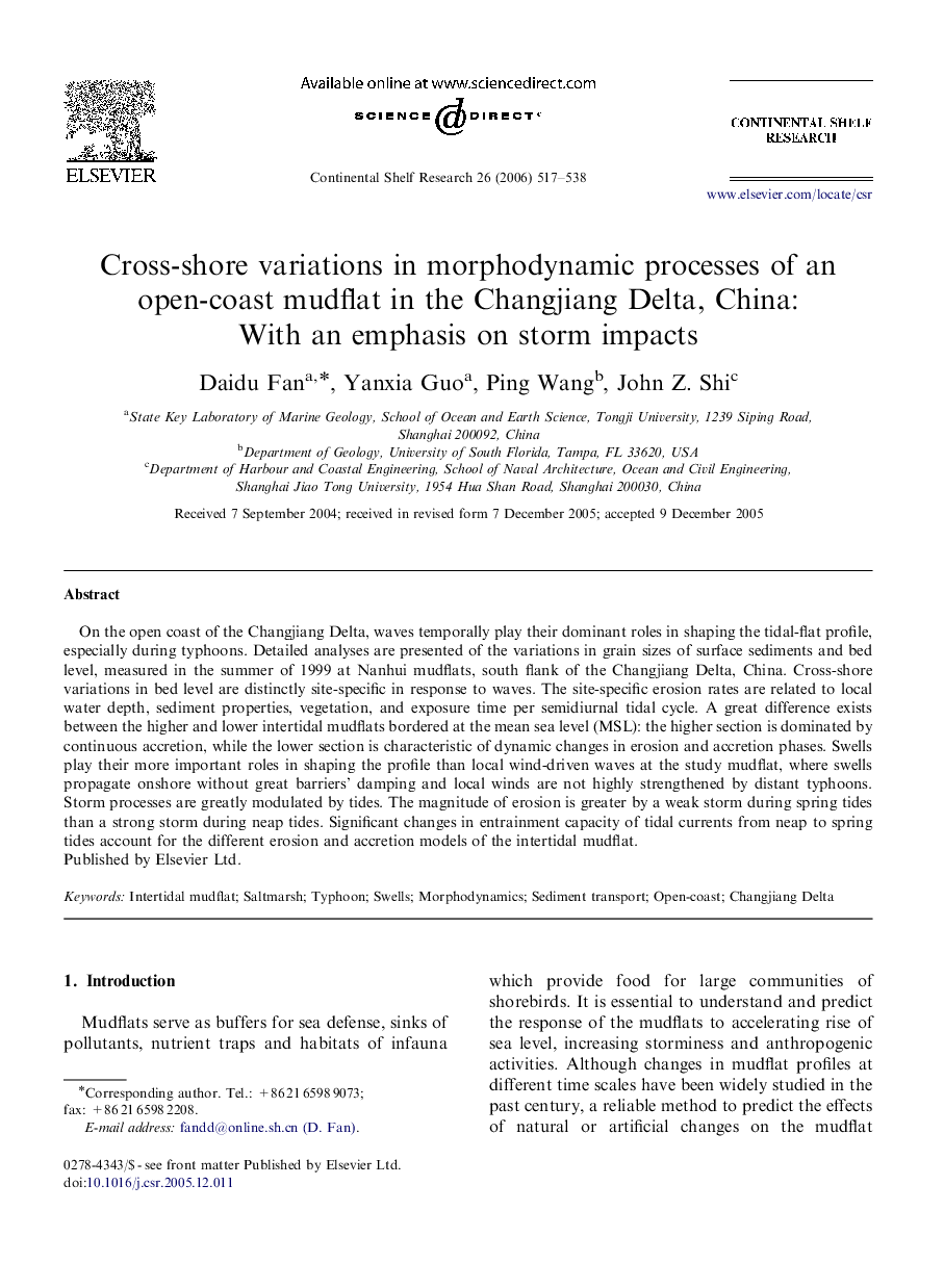 Cross-shore variations in morphodynamic processes of an open-coast mudflat in the Changjiang Delta, China: With an emphasis on storm impacts