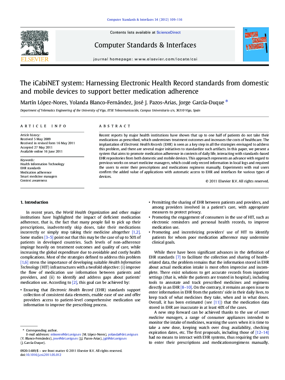 The iCabiNET system: Harnessing Electronic Health Record standards from domestic and mobile devices to support better medication adherence