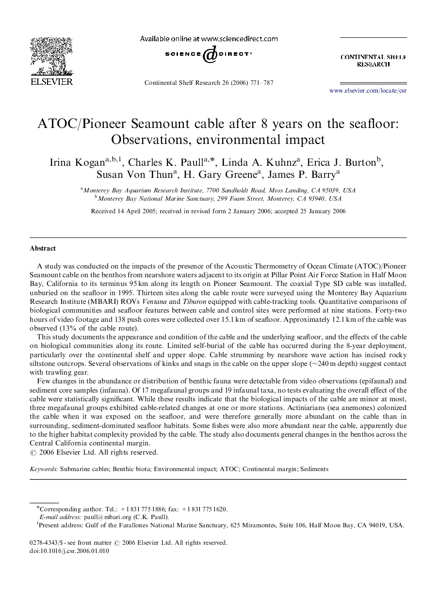 ATOC/Pioneer Seamount cable after 8 years on the seafloor: Observations, environmental impact