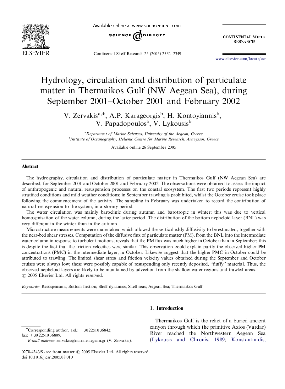 Hydrology, circulation and distribution of particulate matter in Thermaikos Gulf (NW Aegean Sea), during September 2001–October 2001 and February 2002