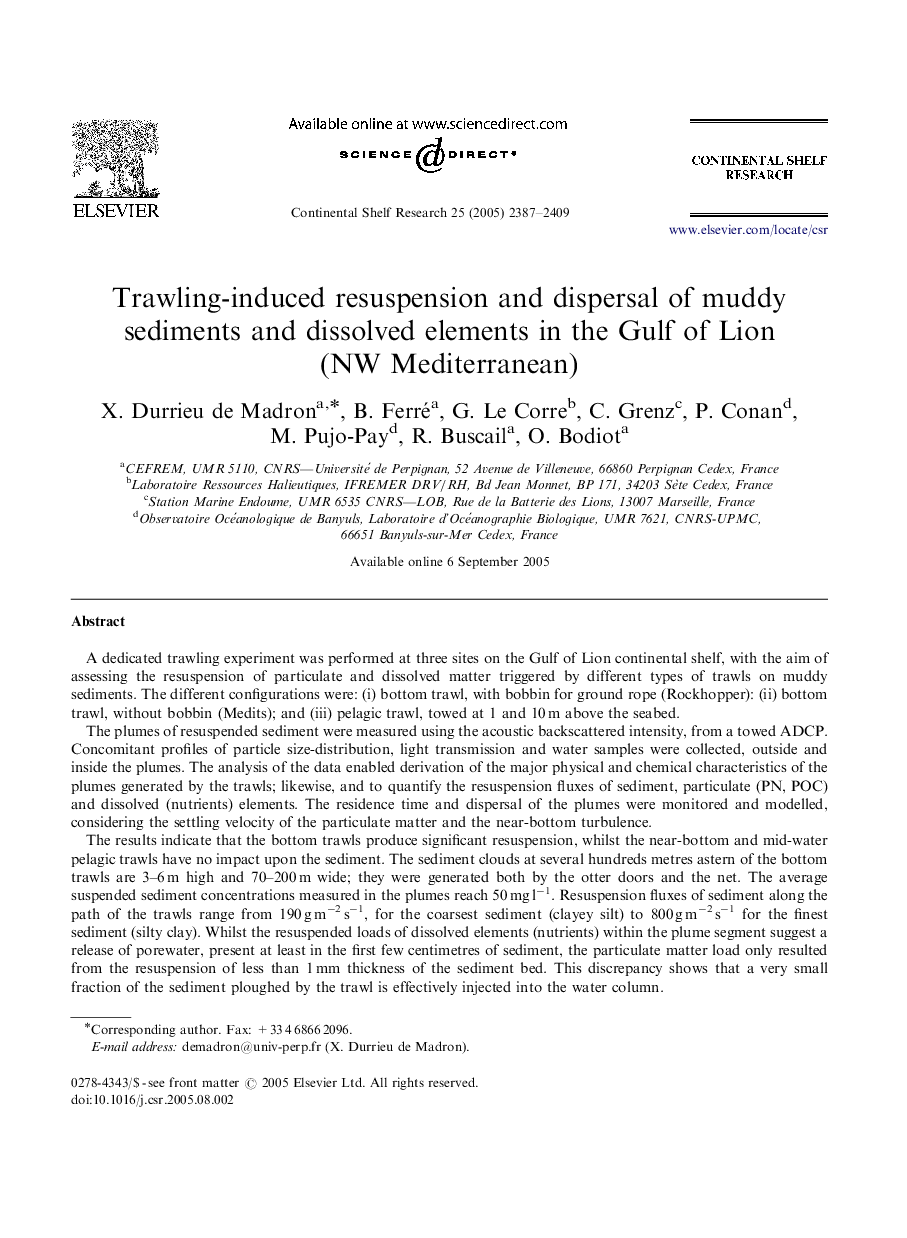 Trawling-induced resuspension and dispersal of muddy sediments and dissolved elements in the Gulf of Lion (NW Mediterranean)