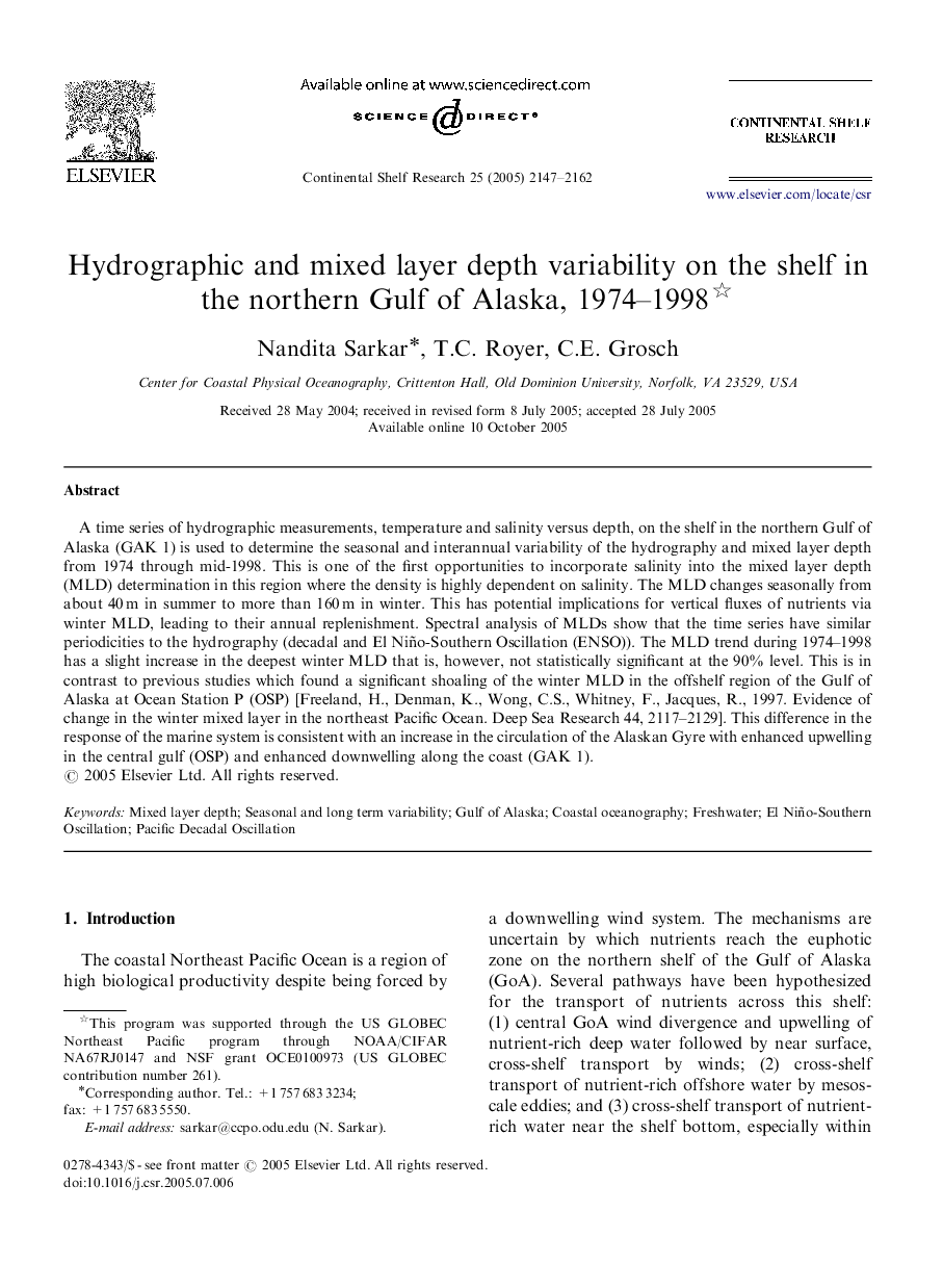 Hydrographic and mixed layer depth variability on the shelf in the northern Gulf of Alaska, 1974-1998