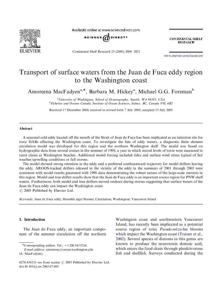 Transport of surface waters from the Juan de Fuca eddy region to the Washington coast