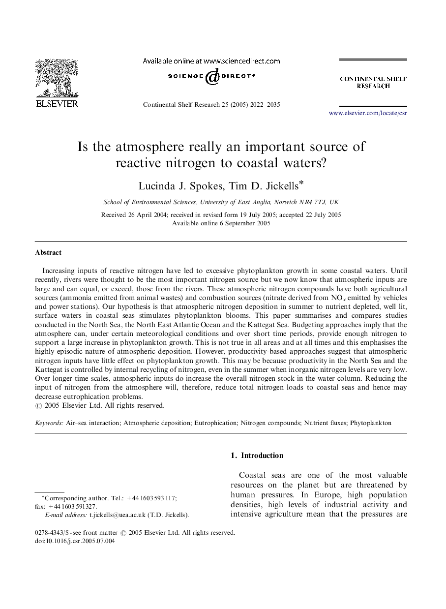عکس صفحه اول مقاله: Is the atmosphere really an important source of reactive nitrogen to coastal waters? Is the atmosphere really an important source of reactive nitrogen to coastal waters?
