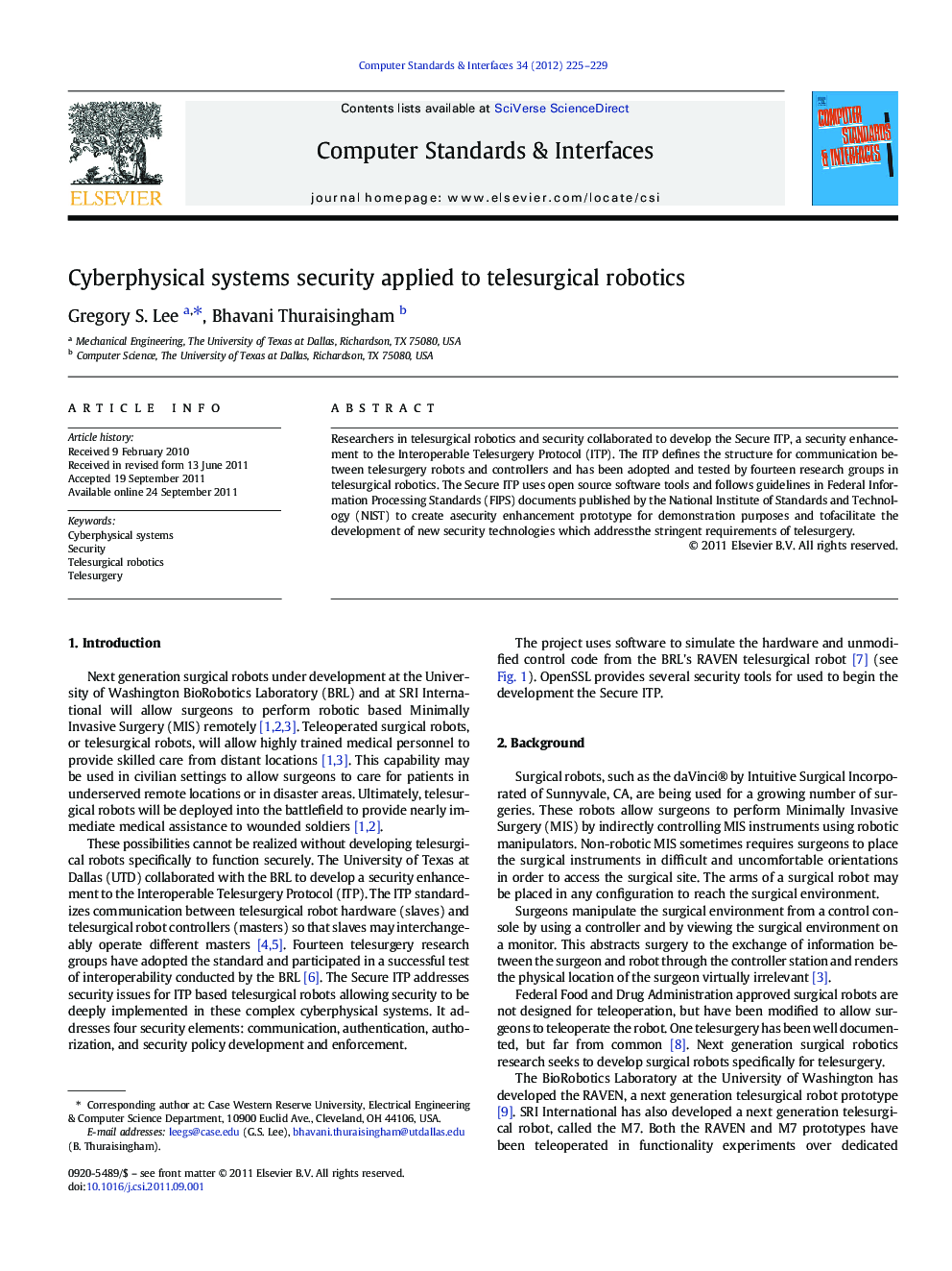 Cyberphysical systems security applied to telesurgical robotics