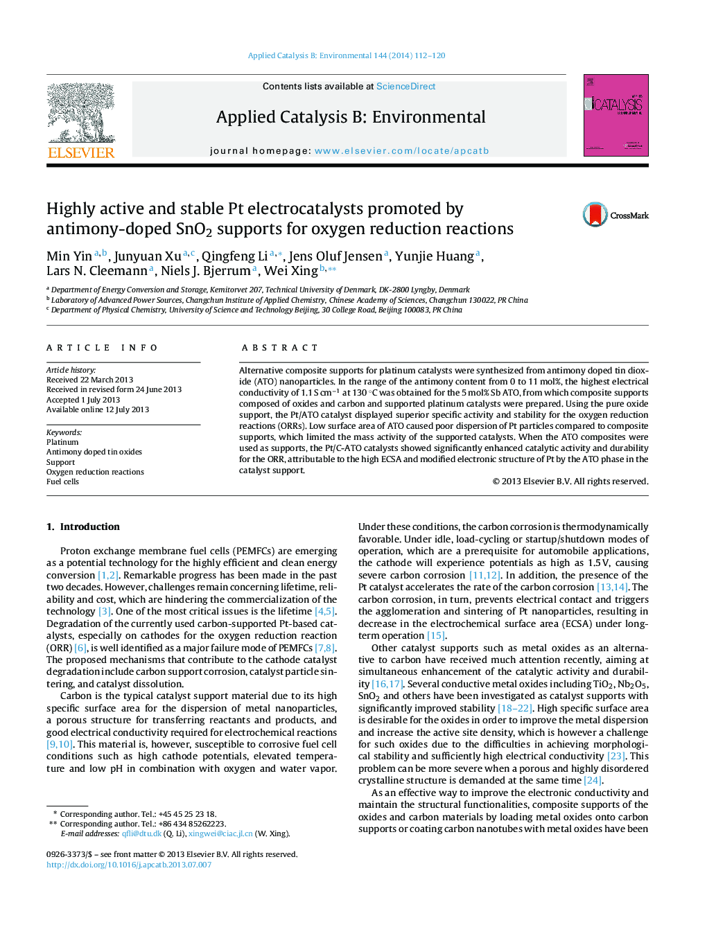 Highly active and stable Pt electrocatalysts promoted by antimony-doped SnO2 supports for oxygen reduction reactions