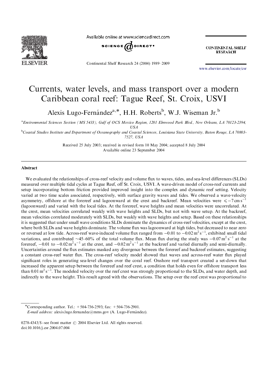 Currents, water levels, and mass transport over a modern Caribbean coral reef: Tague Reef, St. Croix, USVI