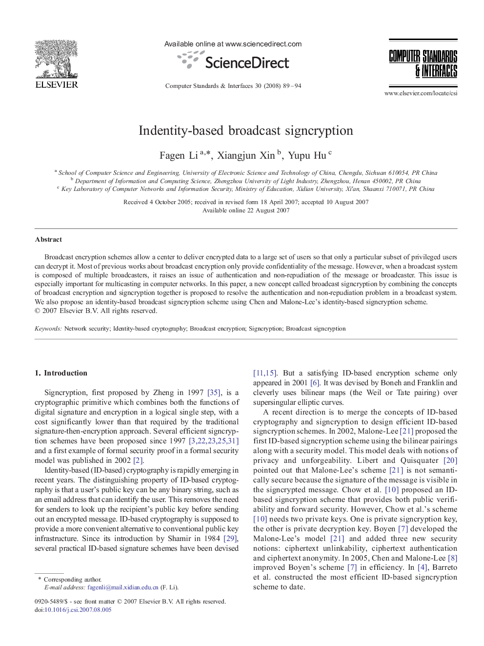 Indentity-based broadcast signcryption