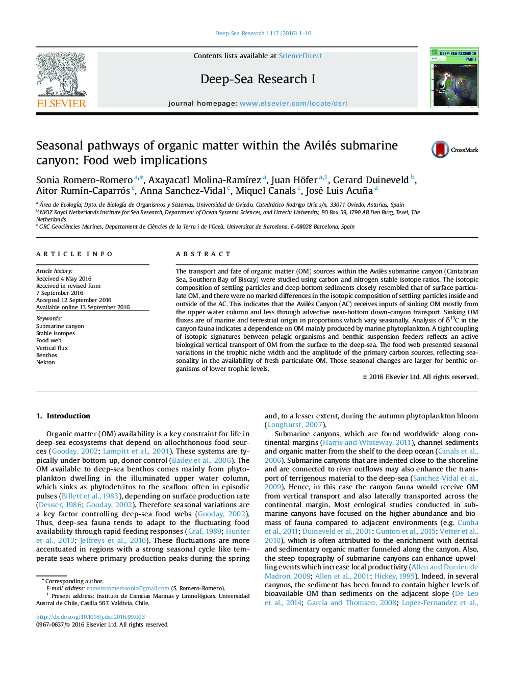 Seasonal pathways of organic matter within the Avilés submarine canyon: Food web implications