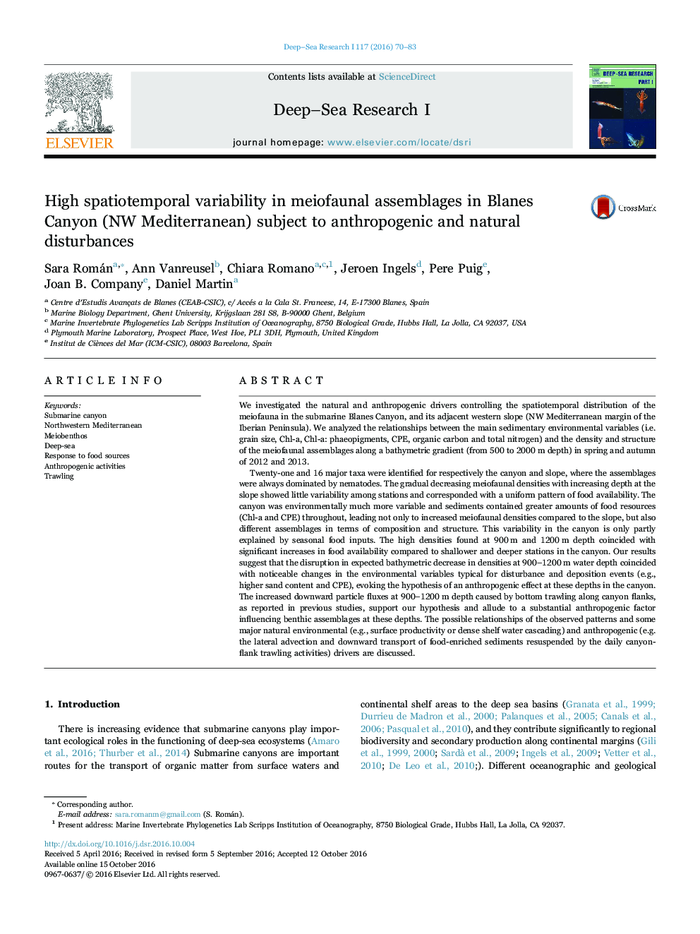 High spatiotemporal variability in meiofaunal assemblages in Blanes Canyon (NW Mediterranean) subject to anthropogenic and natural disturbances