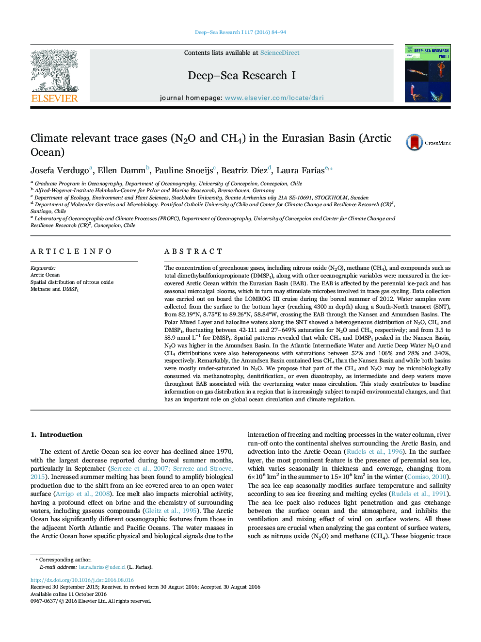 Climate relevant trace gases (N2O and CH4) in the Eurasian Basin (Arctic Ocean)