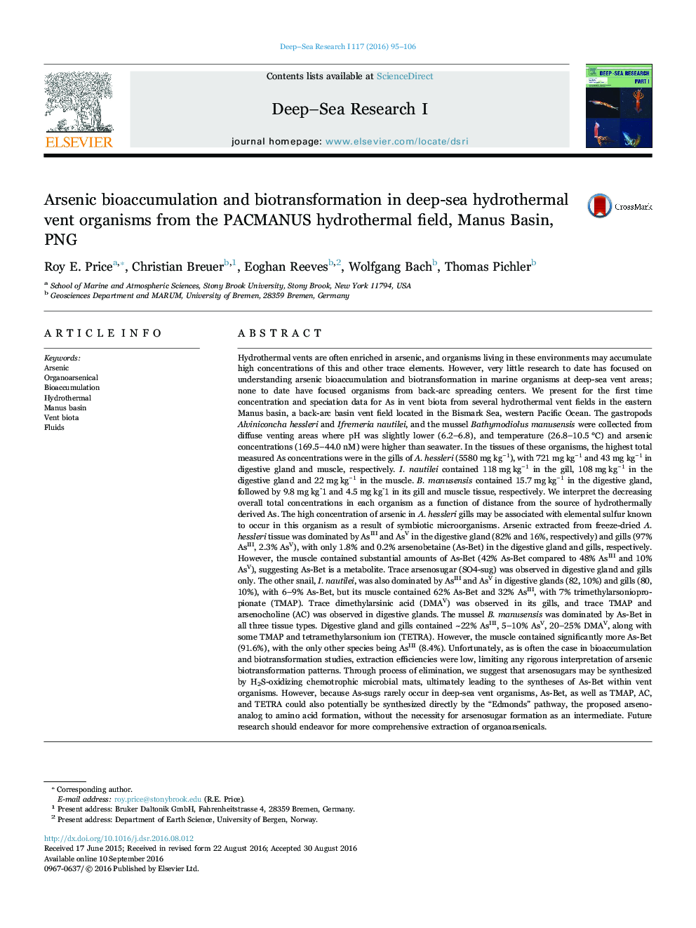 Arsenic bioaccumulation and biotransformation in deep-sea hydrothermal vent organisms from the PACMANUS hydrothermal field, Manus Basin, PNG