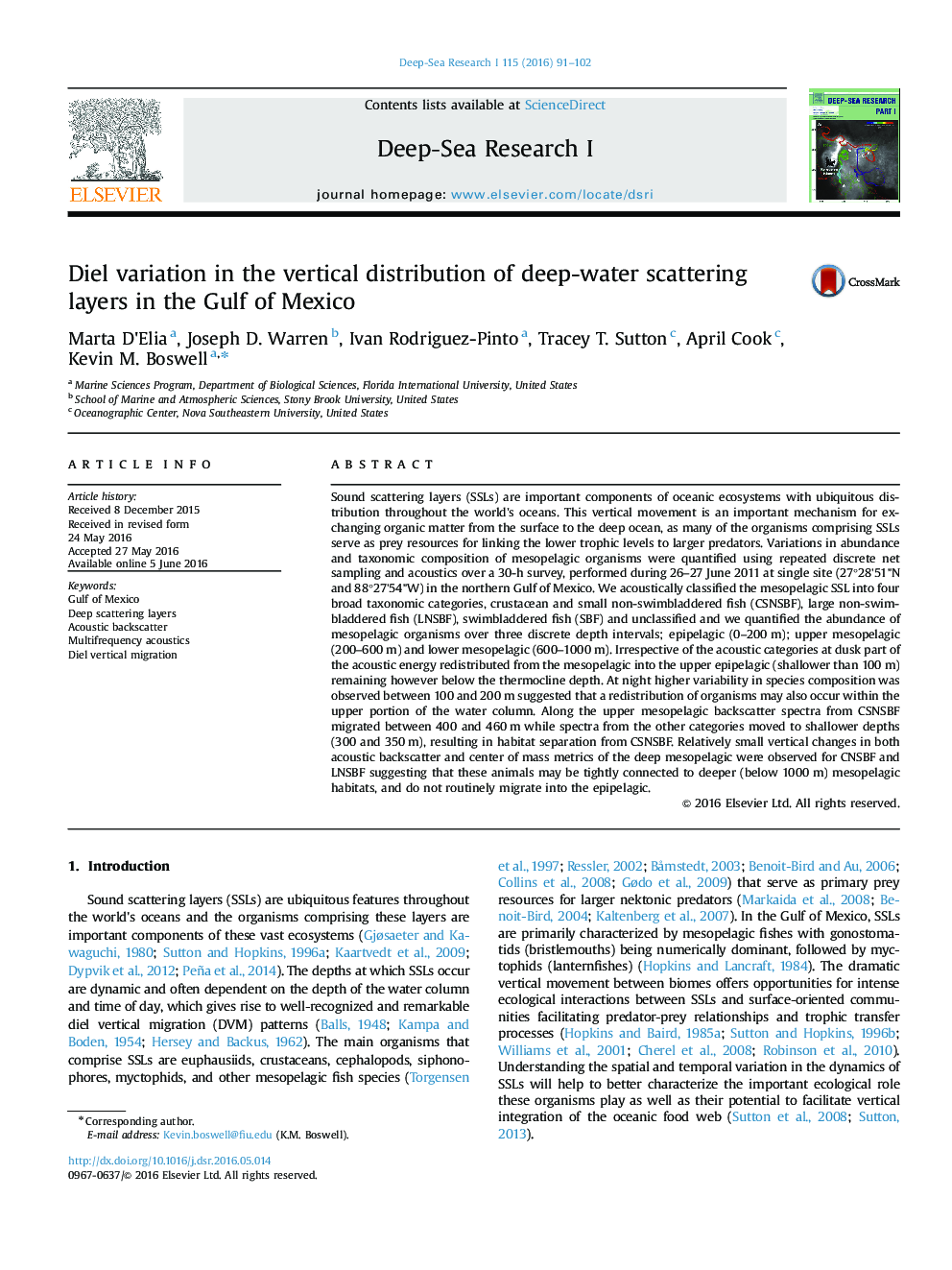 Diel variation in the vertical distribution of deep-water scattering layers in the Gulf of Mexico