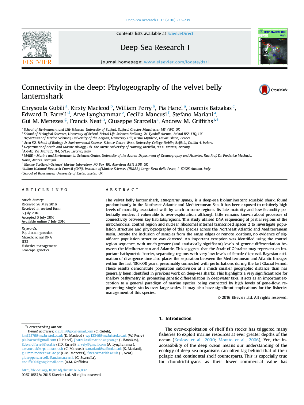 Connectivity in the deep: Phylogeography of the velvet belly lanternshark