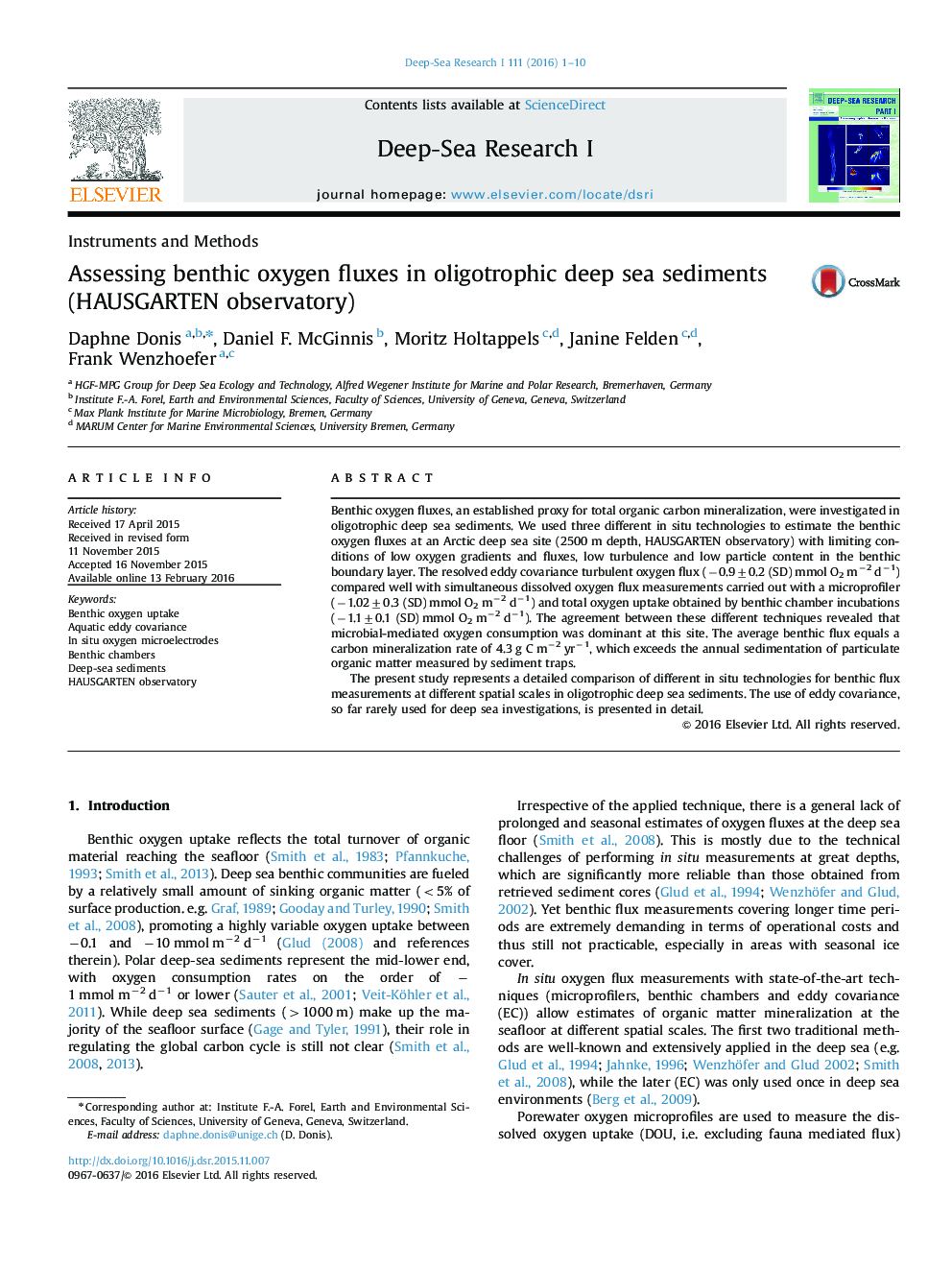 Assessing benthic oxygen fluxes in oligotrophic deep sea sediments (HAUSGARTEN observatory)