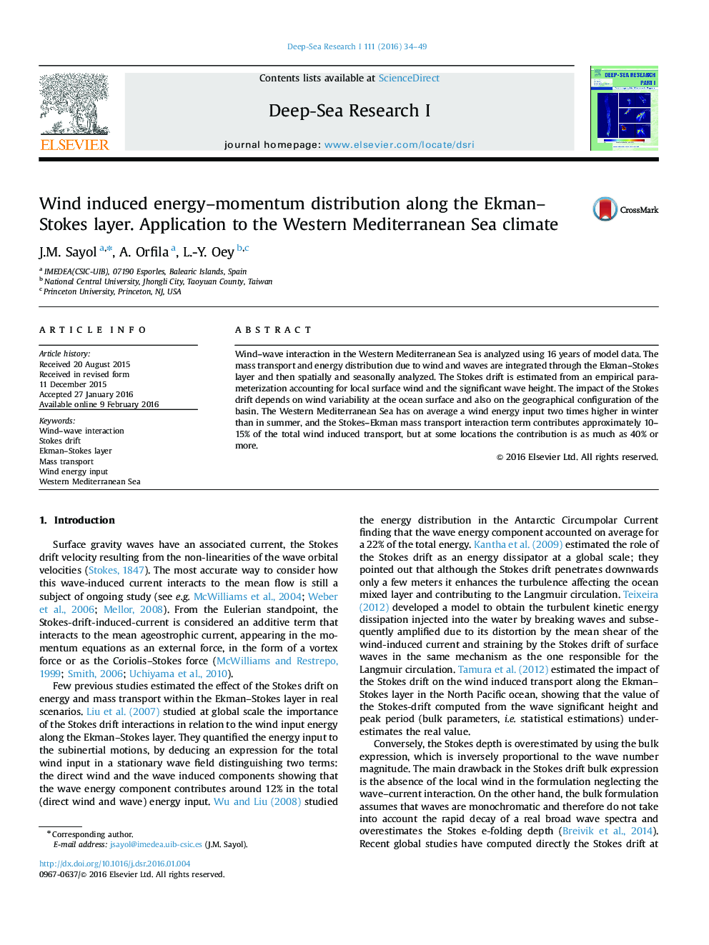 Wind induced energy–momentum distribution along the Ekman–Stokes layer. Application to the Western Mediterranean Sea climate