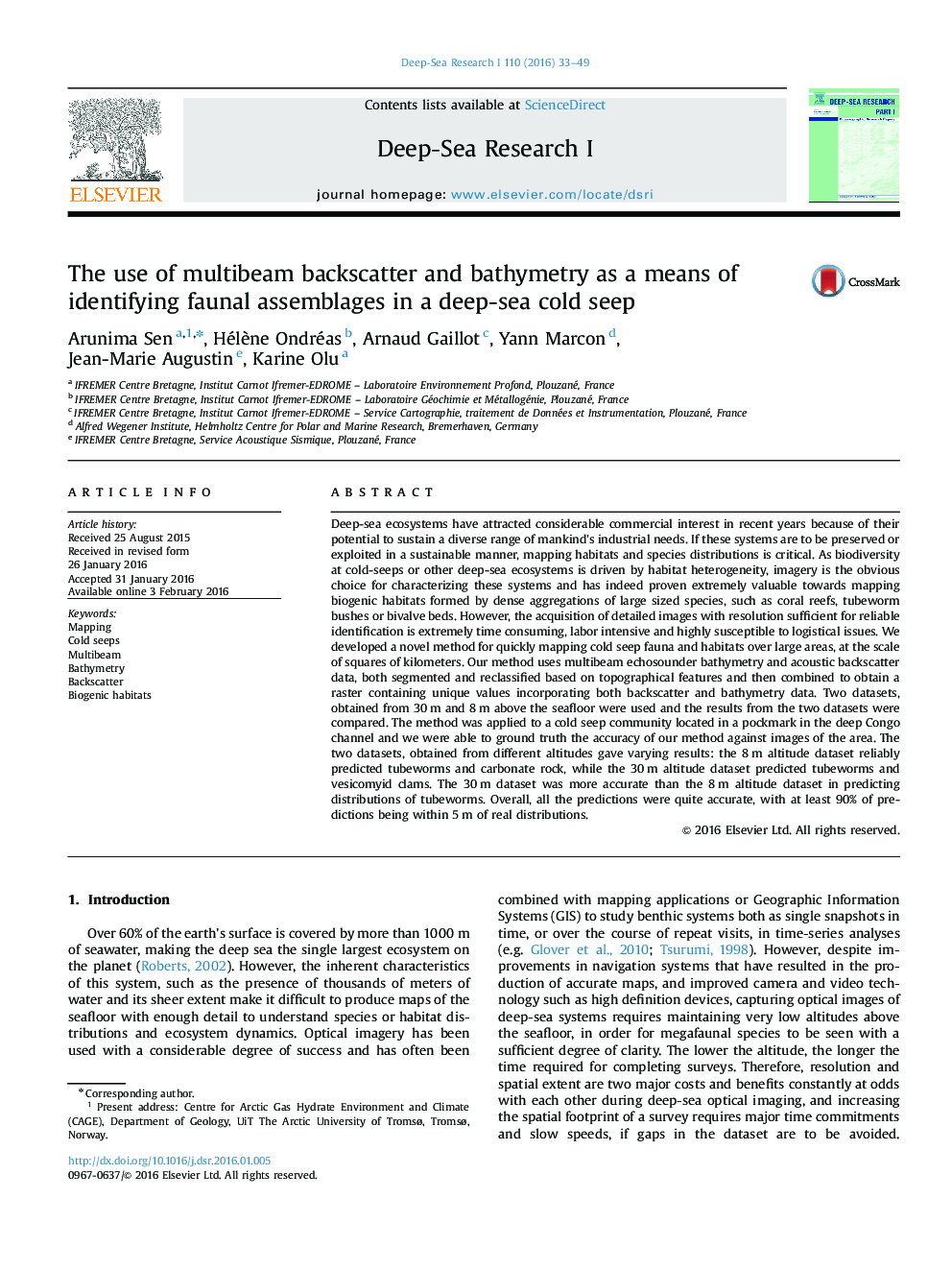 The use of multibeam backscatter and bathymetry as a means of identifying faunal assemblages in a deep-sea cold seep