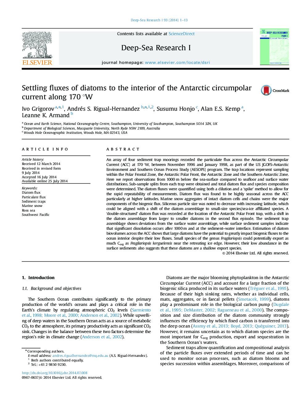 Settling fluxes of diatoms to the interior of the Antarctic circumpolar current along 170 °W