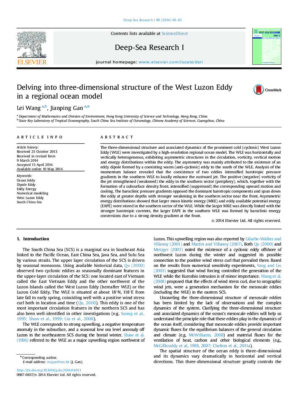 عکس صفحه اول مقاله: Delving into three-dimensional structure of the West Luzon Eddy in a regional ocean model Delving into three-dimensional structure of the West Luzon Eddy in a regional ocean model