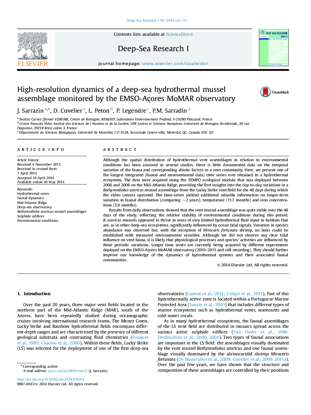 High-resolution dynamics of a deep-sea hydrothermal mussel assemblage monitored by the EMSO-Açores MoMAR observatory