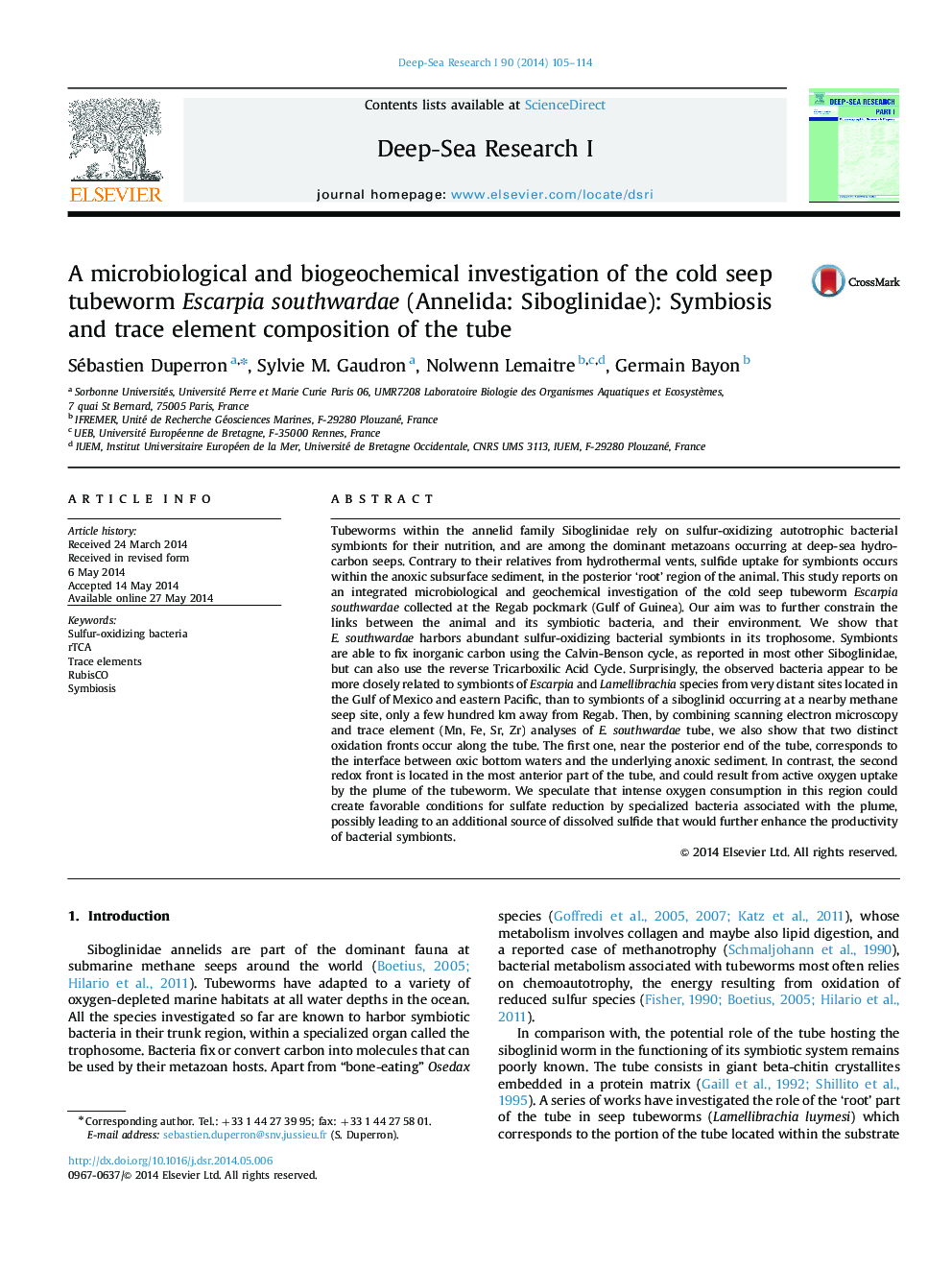 A microbiological and biogeochemical investigation of the cold seep tubeworm Escarpia southwardae (Annelida: Siboglinidae): Symbiosis and trace element composition of the tube