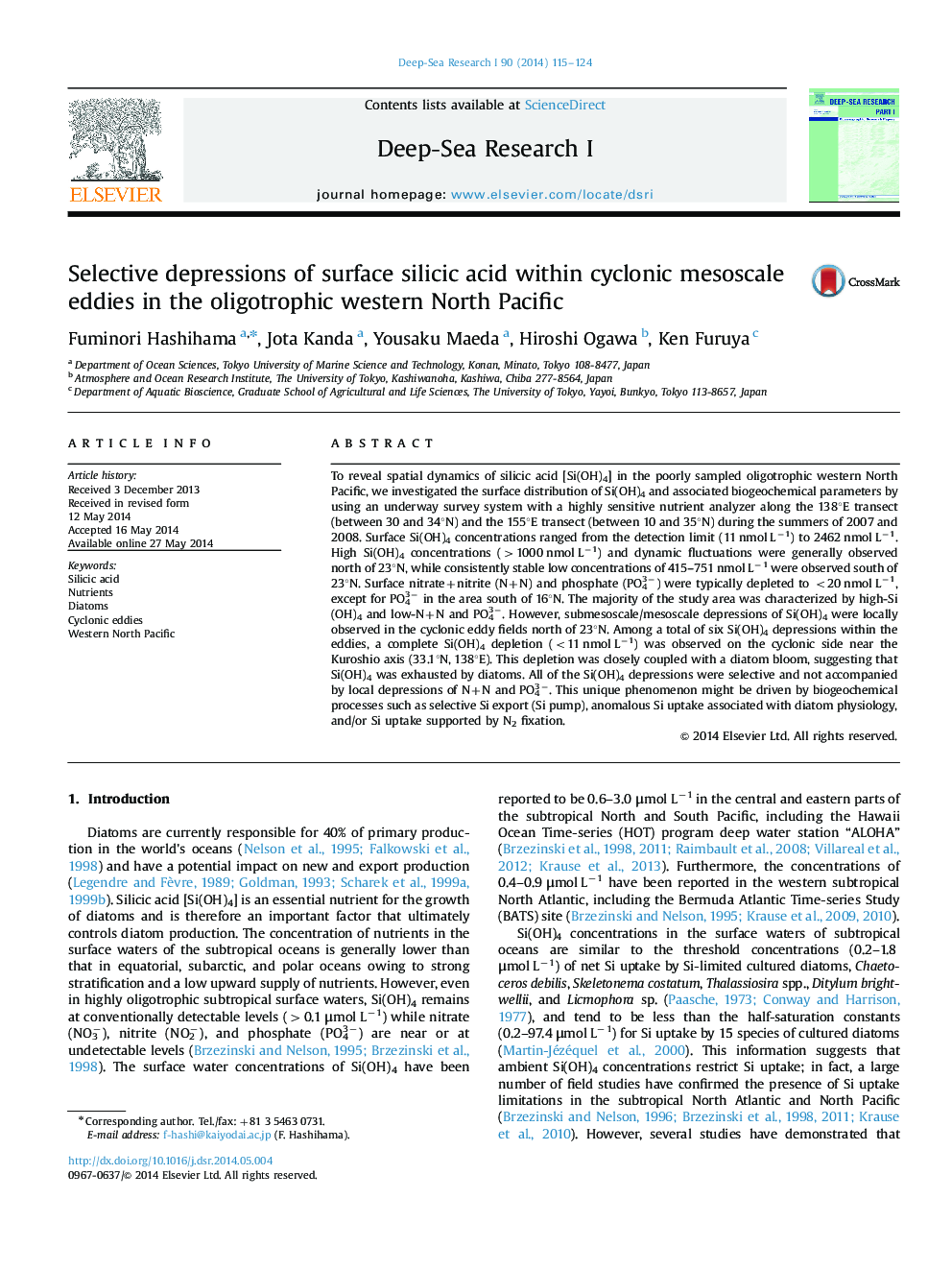 Selective depressions of surface silicic acid within cyclonic mesoscale eddies in the oligotrophic western North Pacific