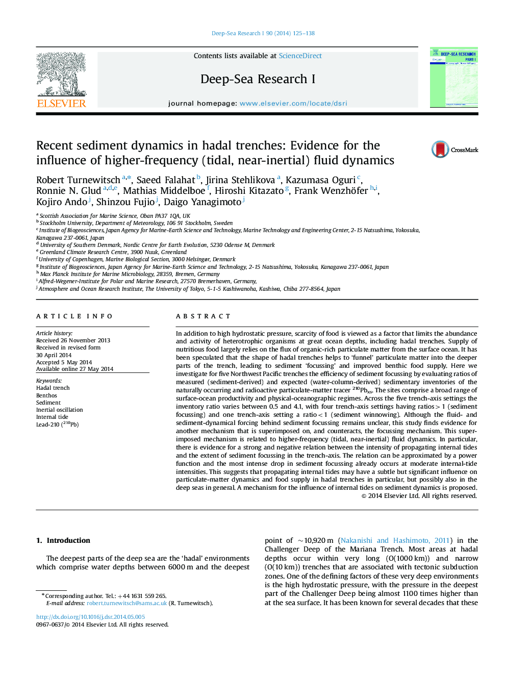 Recent sediment dynamics in hadal trenches: Evidence for the influence of higher-frequency (tidal, near-inertial) fluid dynamics