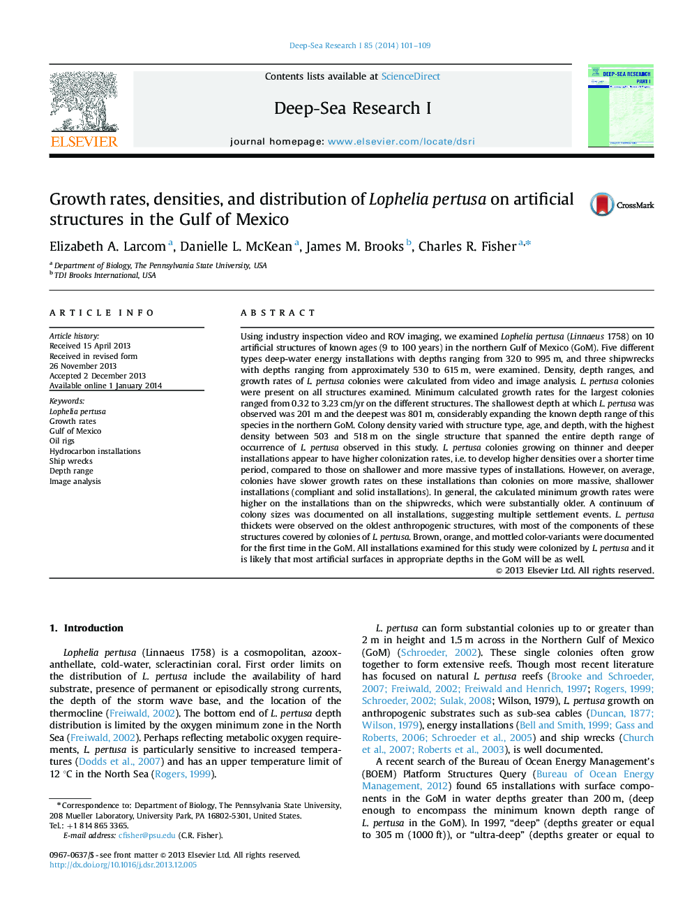 عکس صفحه اول مقاله: Growth rates, densities, and distribution of Lophelia pertusa on artificial structures in the Gulf of Mexico Growth rates, densities, and distribution of Lophelia pertusa on artificial structures in the Gulf of Mexico
