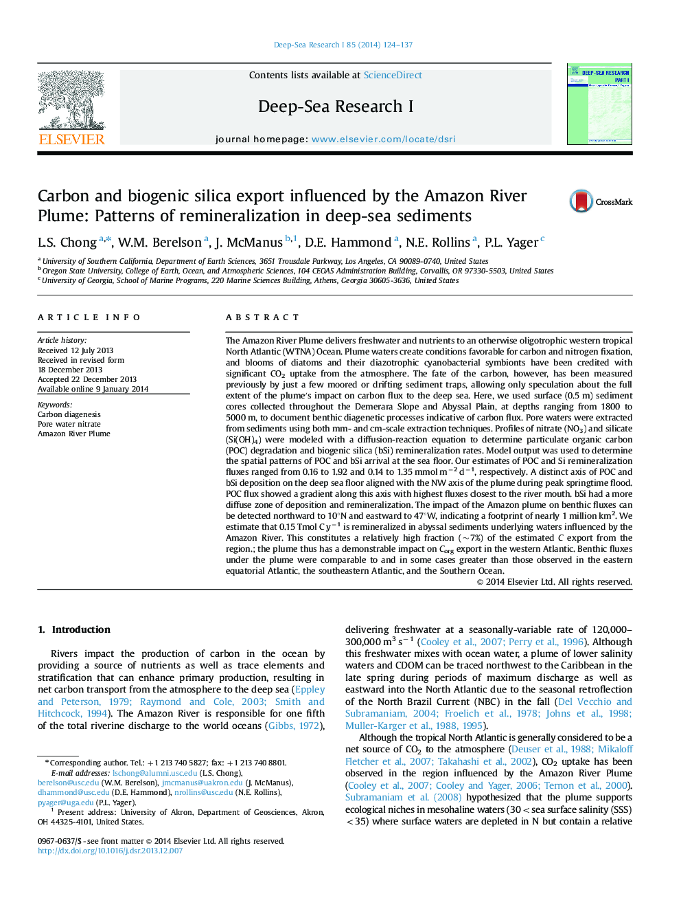 Carbon and biogenic silica export influenced by the Amazon River Plume: Patterns of remineralization in deep-sea sediments